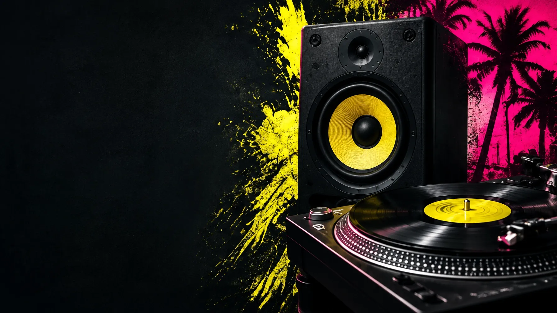 Studio monitor and vinyl turntable with bold yellow and magenta dancehall colors