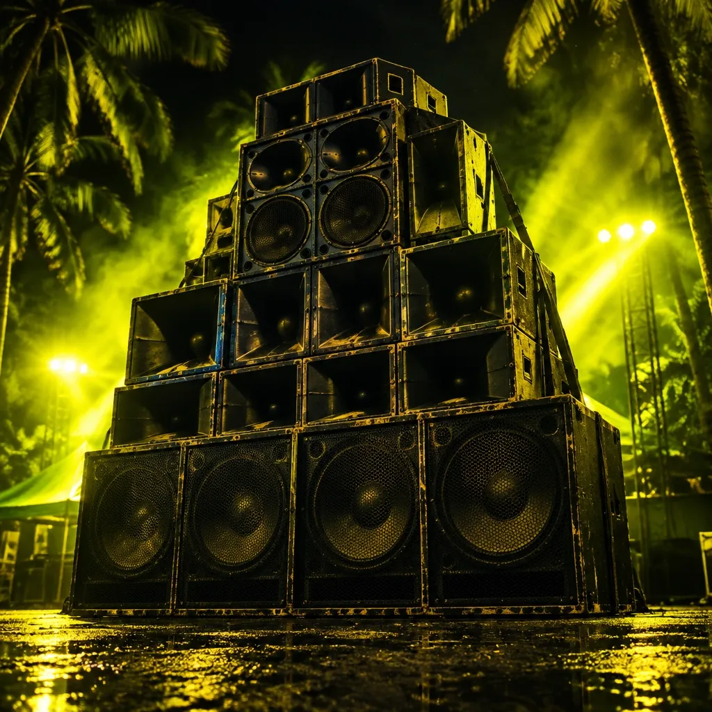 Outdoor sound system speakers under vivid dancehall lighting
