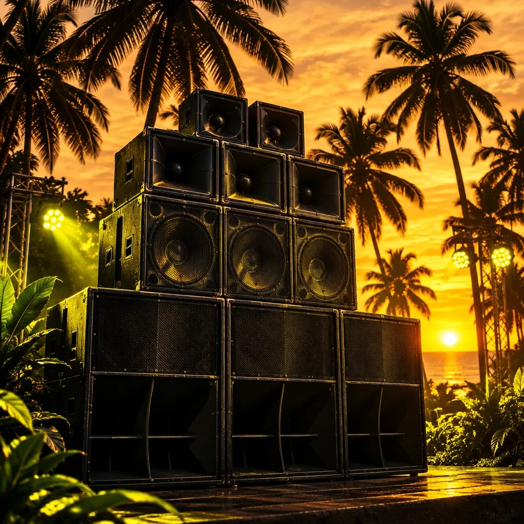 Speakers and palms at a tropical sunset