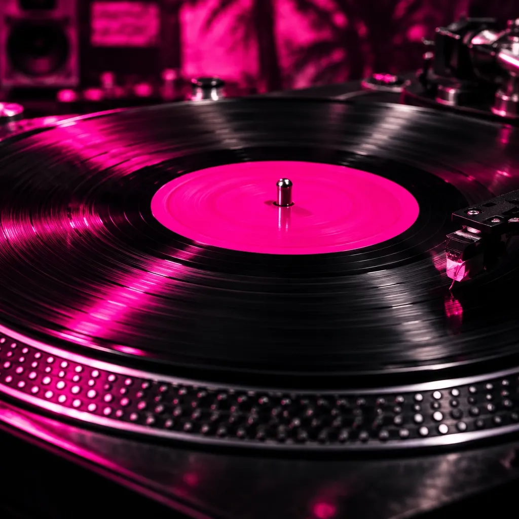 Vinyl record spinning on a turntable in a dark studio